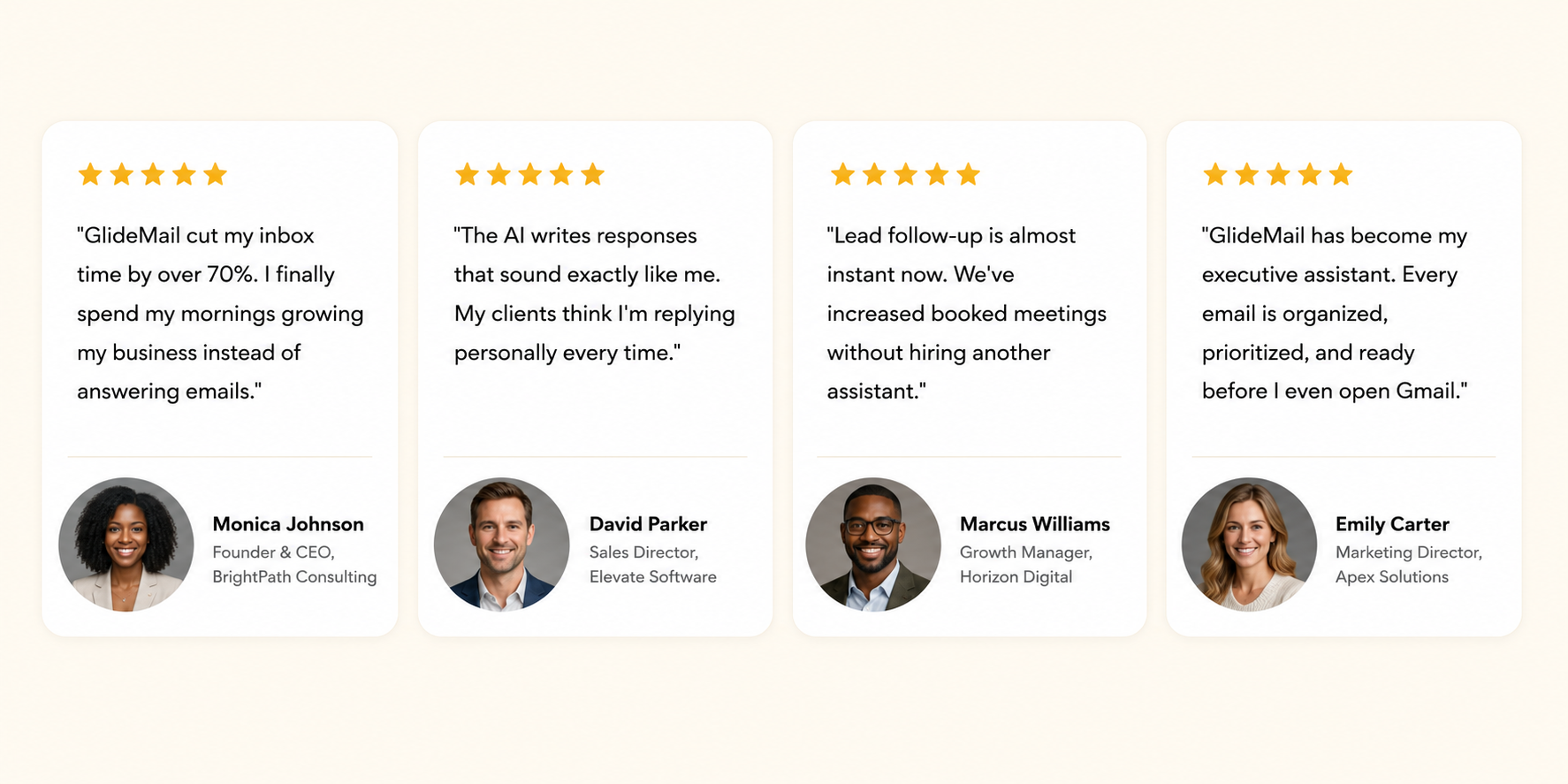 Customer testimonials for Glidemail from Monica Johnson, David Parker, Marcus Williams, and Emily Carter